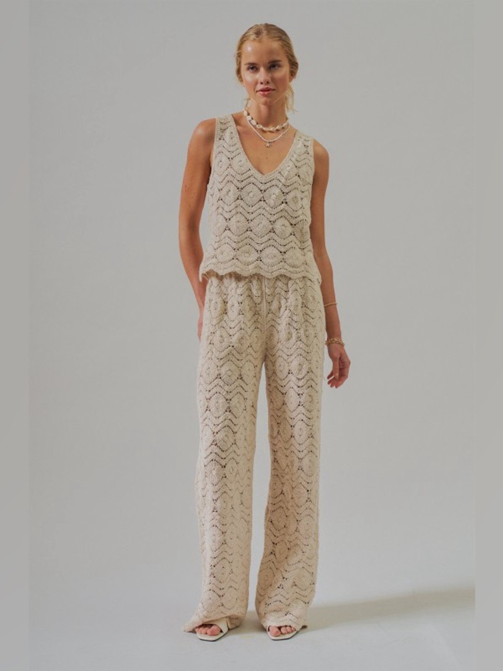 Urban Daizy Natural Crochet Knit Tank & Wide Leg Matching Crochet Knit Pants Set